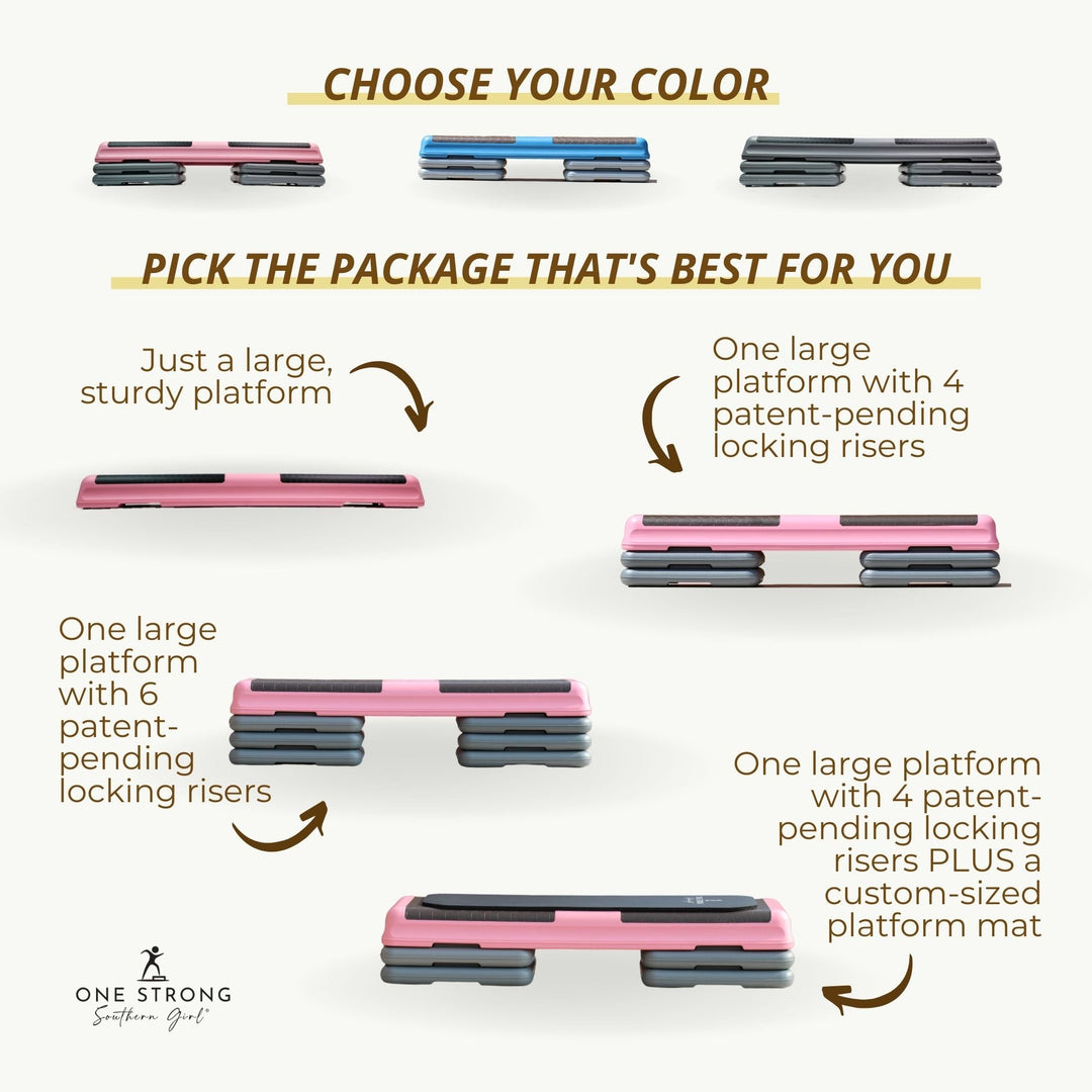 a graphic that shows the different packages and aerobic step sets that are available at  the Aerobic Step Shop