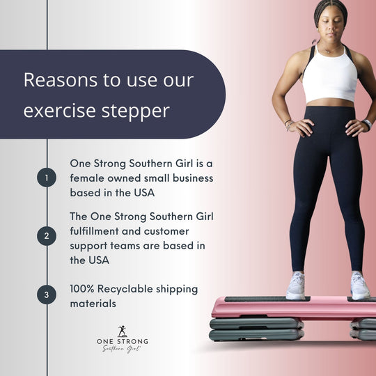 a list of reasons to support the Aerobic Step Shop--female-owned small business based in the USA with 100% recycleable shipping materials, and fulfillment and customer support are USA-based