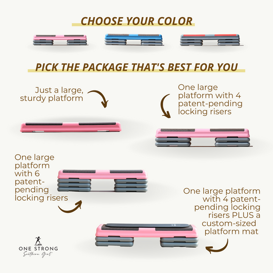 a graphic that shows the different packages and aerobic step sets that are available at  the Aerobic Step Shop