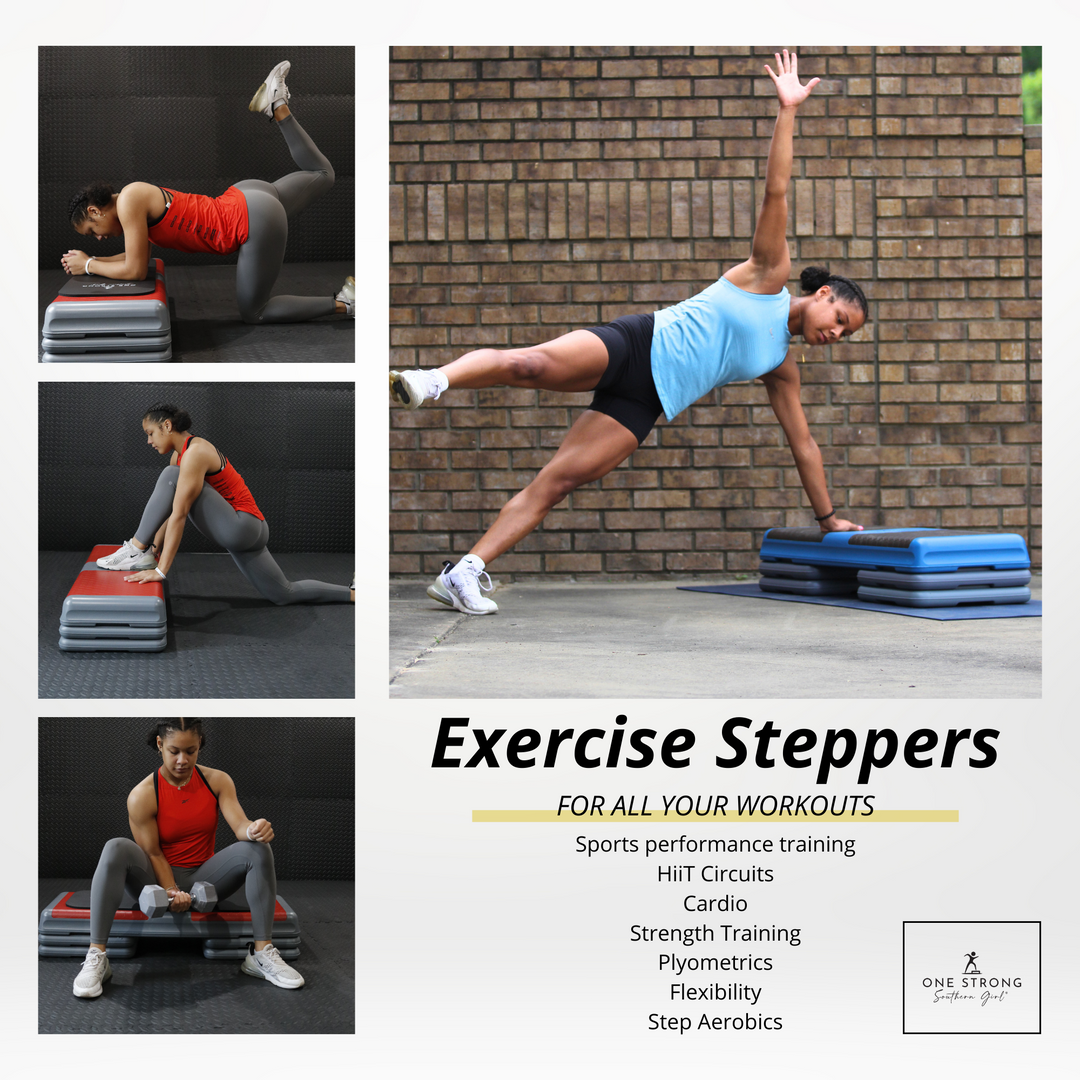 a graphic from the Aerobic Step Shop that lists workouts you can do with your aerobic step--sports performance training, HiiT, cardio, strength, plyometrics, flexibility and step aerobics.